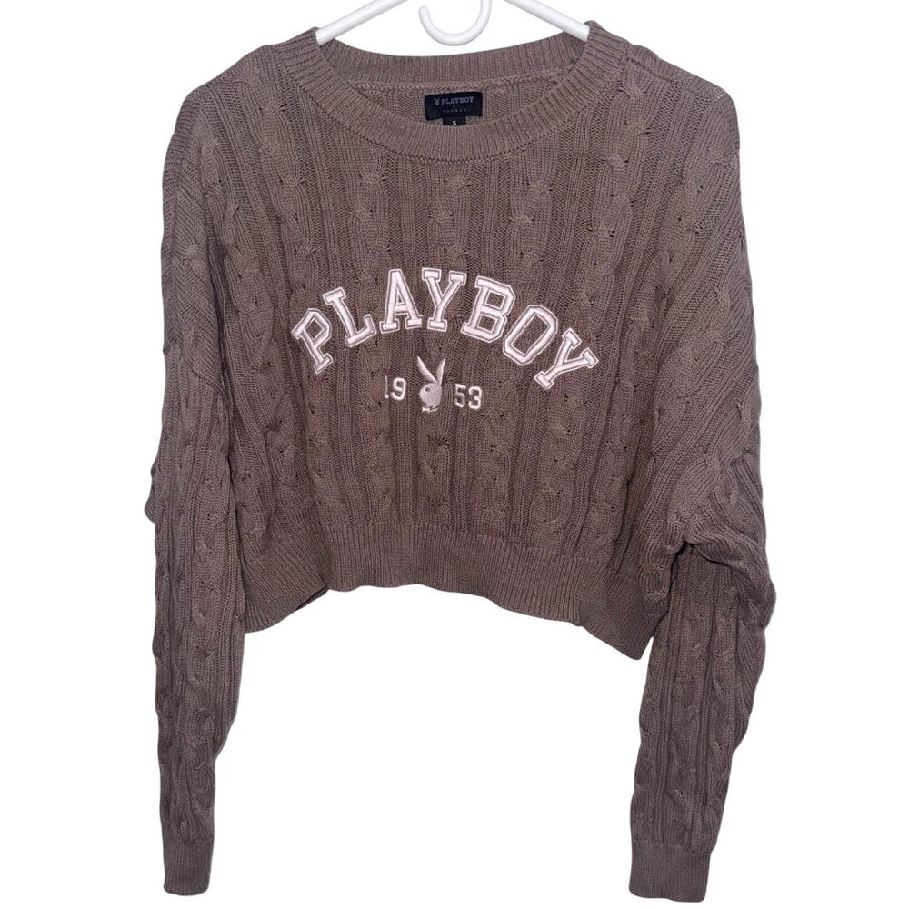 Playboy Vintage 1953 Cropped Cable Knit Sweater Brown Cotton S